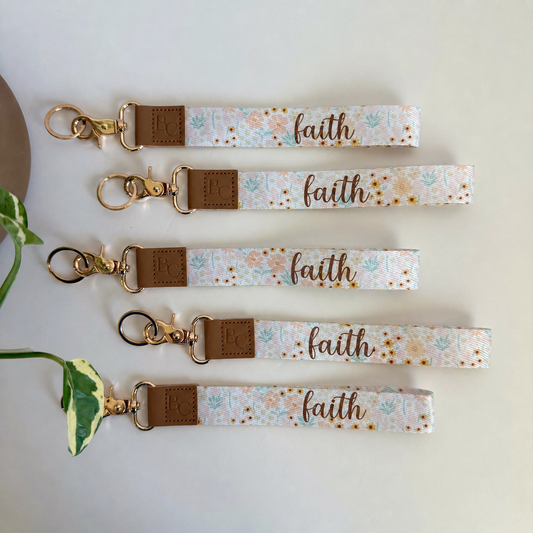 Neutral Spring Floral Wristlet Keychain- Faith