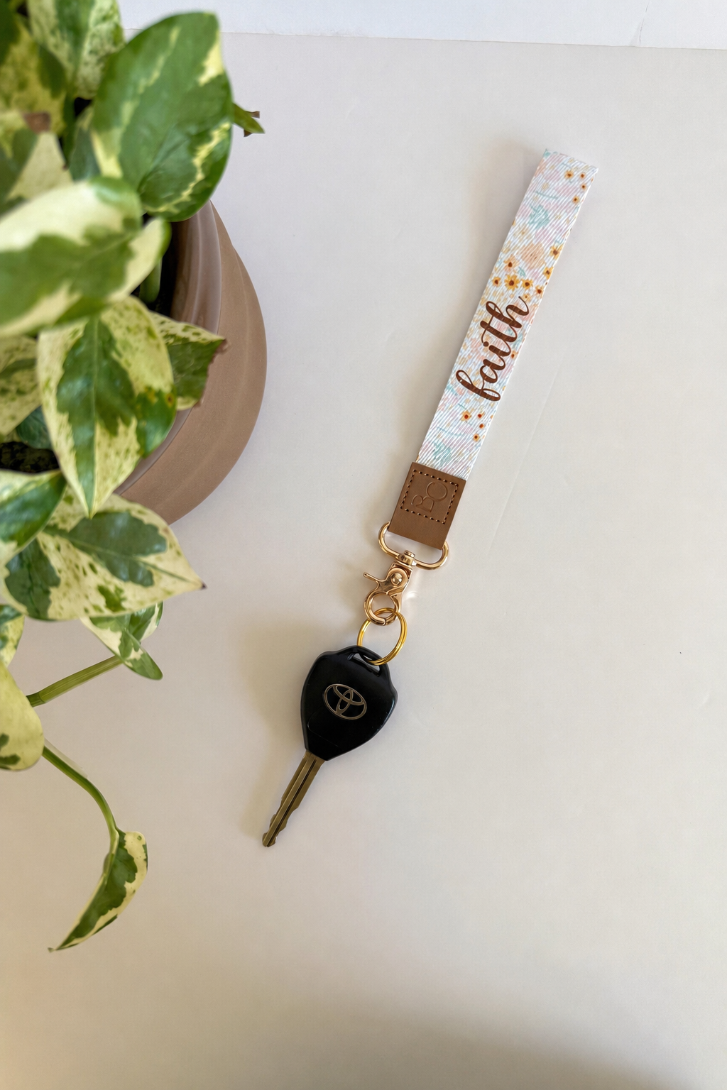 Neutral Spring Floral Wristlet Keychain- Faith